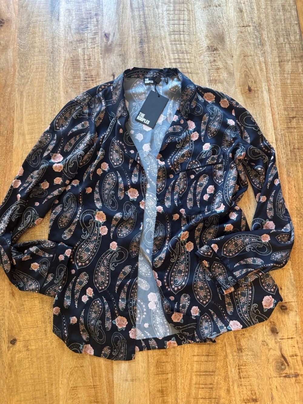 The Kooples blue pink Paisley flowers Rose silky dress button up down blouse top - Picture 3 of 11